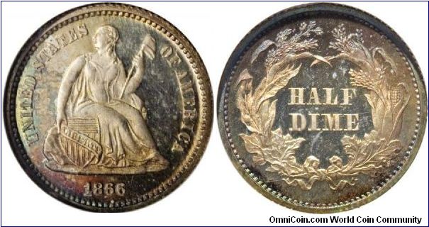 1866 SEATED LIBERTY HALF DIME (Obverse Legend).  The 1866 proof half dime was struck to the tune of 725 pieces yet of all certified specimens, only 20 or so examples have been given the Cameo designation.  This example exhibits outstanding contrast on both sides, and is bathed in a delicate array of cobalt-blue, lavender, and gold-tan patina.  Razor-sharp definition shows on the frosted motifs, and impeccable preservation characterizes the surfaces.