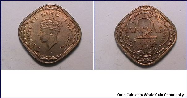 GEORGE VI KING EMPEROR
2 ANNAS INDIA
nickel brass