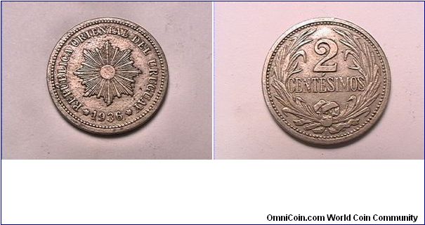 REPUBLICA ORIENTAL DEL URUGUAY
2 CENTESIMOS
1936-A
copper nickel