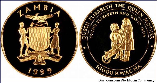 The Queen Mother pictured with her younger brother David in 1904. Surely one of the few coins to feature a wheelbarrow! Gold proof 10,000 Kwacha.