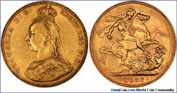 Gold sovereign of Queen Victoria's golden jubilee year. Three different designs were issued in 1887, young head shields, young head St George, and the jubilee head as shown. This example was struck by the Melbourne Mint in Australia, the 'M' mintmark being on the ground above the date.