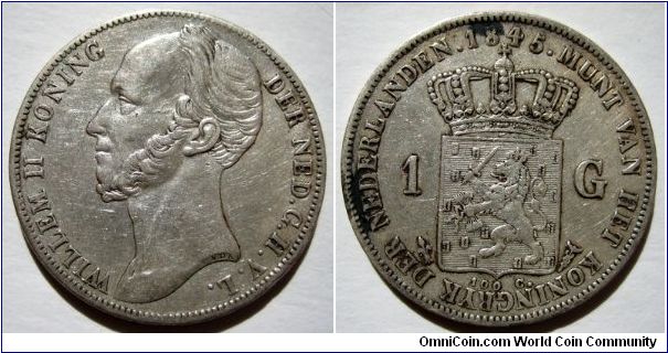 Willem II one gulden with dash between crown & shield.  The dash indicated that a new mintmaster was using his predecessor's dies.  R1.