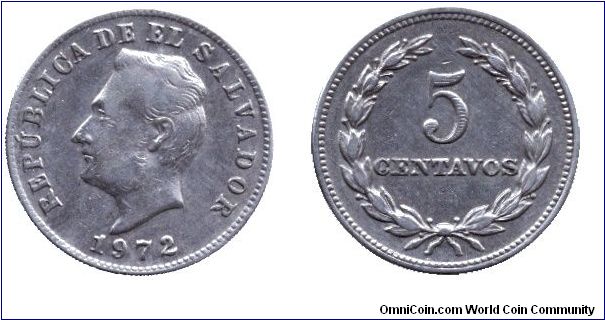 El Salvador, 5 centavos, 1972, Cu-Ni, General Francisco Morazan.                                                                                                                                                                                                                                                                                                                                                                                                                                                    