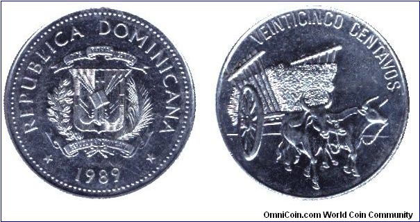 Dominican Republic, 25 centavos, 1989, Ni-Steel, Native Culture: ox cart.                                                                                                                                                                                                                                                                                                                                                                                                                                           