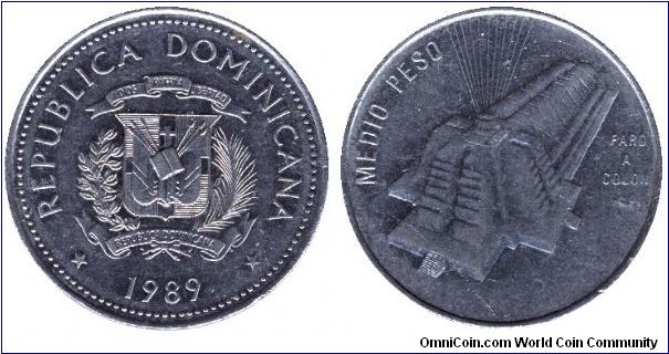 Dominican Republic, 1/2 peso, 1989, Cu-Ni, Beacon at Colon.                                                                                                                                                                                                                                                                                                                                                                                                                                                         