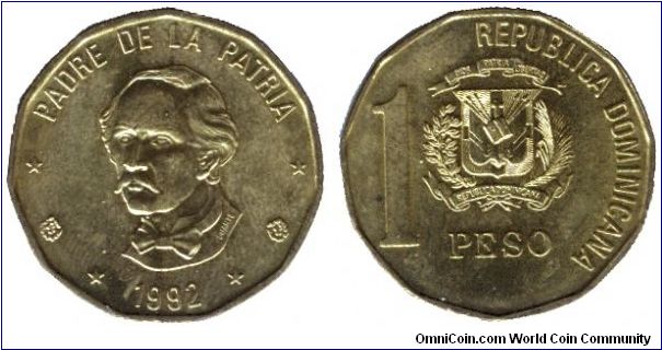 Dominican Republic, 1 peso, 1992, Cu-Zn, Juan Pablo Duarte.                                                                                                                                                                                                                                                                                                                                                                                                                                                         