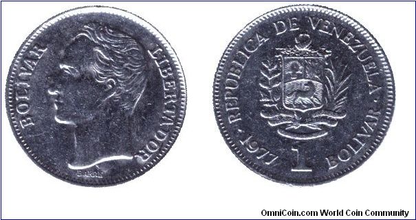 Venezuela, 1 bolivar, 1977, Ni, Bolivar - Libertador.                                                                                                                                                                                                                                                                                                                                                                                                                                                               