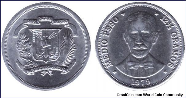Dominican Republic, 1/2 peso, 1978, Cu-Ni, Juan Pablo Duarte.                                                                                                                                                                                                                                                                                                                                                                                                                                                       