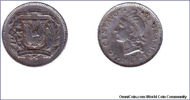 Dominican Republic, 10 centavos, 1967, Cu-Ni, Indian head.                                                                                                                                                                                                                                                                                                                                                                                                                                                          