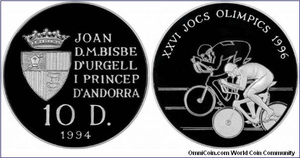 Andorra used to use French and Spanish coins, and now uses euros. Its first coin issue in its own name of which we are aware was 1982. The coins shown is a silver proof crown to commemorate the 1996 XXVI (26th) Olympic games in Atlanta Georgia.