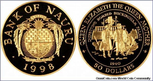 Queen Mother as 'Lady of the Century' shown inspecting bombed Buckingham Palace on this gold proof $50. Only struck in 14 carat gold unlike real gold coins!
See the similar 1994 silver proof.
