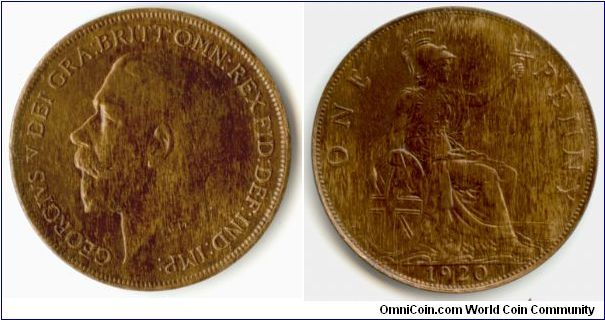 A 1920 Penny. I have no idea what causes this surface effect, but these are not scratches.
The famous penny ghosting is slightly visible if one looks at the coin from the side and up.