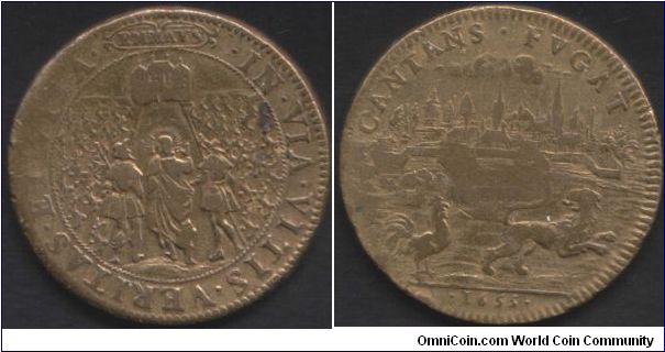 Strange hybrid jeton. Obverse is typical of the Cabaretiers (Tavern Keepers)depicting Christ and two disciples on the road to Emmaus. The reverse however depicts the town of Arras and the Flemish Lion being routed by the Gallic cockerel in 1655