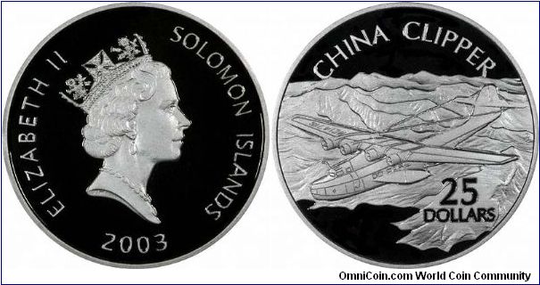 China Clipper on reverse of 2003 Solomon Islands silver proof $25. The Martin M130 operated the first Pacific airmail cargo service. Part of 13 coin set.
