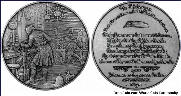 Large fine silver Dutch medal, engraving  of 'De Geelgieter' (The Brassfounder), by 17th century engraver and poet Johannes (Jan) Luiken (Luyken), and his son Caspar (Caspaares). One of a series, each 71mm (3 inch) diameter, weighing 115 grams (6.9 troy ounces).