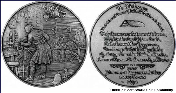 Large fine silver Dutch medal, engraving  of 'De Geelgieter' (The Brassfounder), by 17th century engraver and poet Johannes (Jan) Luiken (Luyken), and his son Caspar (Caspaares). One of a series, each 71mm (3 inch) diameter, weighing 115 grams (6.9 troy ounces).