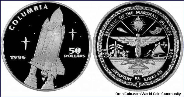 Columbia on reverse of 1996 silver proof crown from the Marshall Islands. Part of a series of space flight coins.