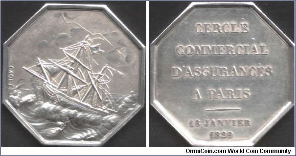 silver jeton de presence issued by Cercle Commercial D'Assurances (Maritimes) a Paris. The obverse (by Caque is also used on the jeton issued by La Melusine Maritime Assurers.