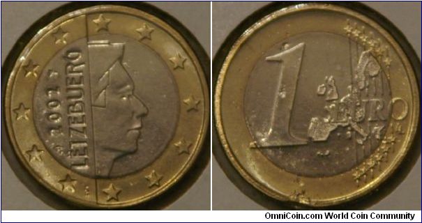 1 euro, profile of His Royal Highness Grand Duke Henri. 23.25 mm, bimetallic - ring Nickel brass, inner Cu-Ni