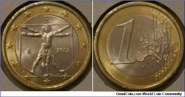 1 euro, da Vinci's drawing illustrating the ideal proportions of the human body.