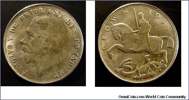 This is an obvious fake 1935 Crown. The edge is reeled while it should have an incuse edge with lettering (or rarely only an incuse edge). And it is also magnetic, which is more than enough proof for a fake. It weighs only 19,28 g.  I have no idea if it  is a modern copy or a contemporary one.