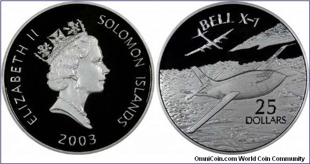 The Bell X1 was the  first experimental plane to break the sound barrier, and the first in a long line of US experimental planes. Featured as part of a set of 13 silver proof crowns issued in the name of the Solomon Islands in 2003.