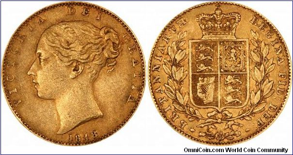 This is the rare 1848 'first head' gold sovereign. Most 1848's used the new 'second head' (q.v.), which is slightly larger but in lower relief. The legend on the reverse was also re-positioned.