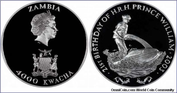 Prince William shown jetskiing on the reverse of this Zambian 4,000 Kwacha silver proof crown issued for his 21st birthday.