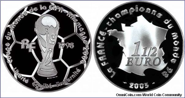 FIFA football (soccer) world cup trophy is featured on this French silver proof 1.5 euros, and the legend translates into the proud Gallic boast that France won the world cup in 1998. We do not know why it took them 7 years to get round to making the coins!