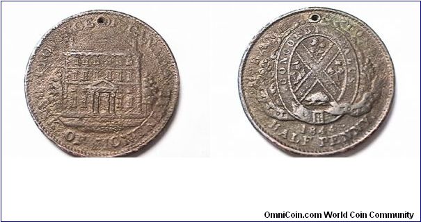 PROVINCE OF CANADA BANK OF MONTREAL 
BANK TOKEN 1844 HALF PENNY (SOU)
copper