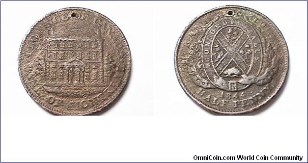 PROVINCE OF CANADA BANK OF MONTREAL 
BANK TOKEN 1844 HALF PENNY (SOU)
copper