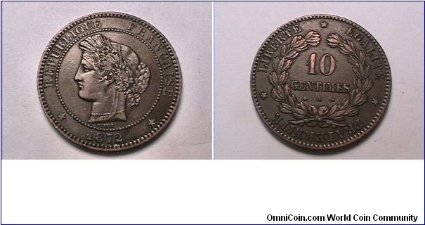 REPUBLIQUE FRANCAISE
LIBERTE EGALITE FRATERNITE 10 CENTIMES 1872-A
bronze