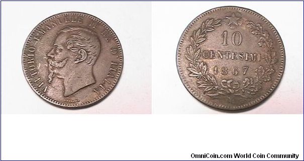 VITTORIO EMANUELE II RE D'ITALIA
1867-N 10 CENTESIMI
copper
