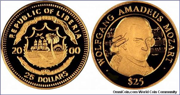 Wolfgang Amadeus Mozart would probably be been astounded to learn that he was to be remembered on gold coins from AFrican countries 200 years after his death. He would perhaps have been disappointed at the small size of these tiney metal discs. Our photographs actually make them look like real coins.
