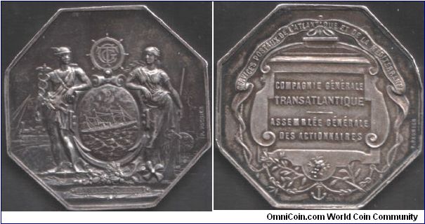 Large (38mm - 1 oz) dark toned and undated silver jeton issued to shareholders attending the general assembly of `Compagnie Generale Transatlantique'. Minted at some point after 1880 at Paris mint.