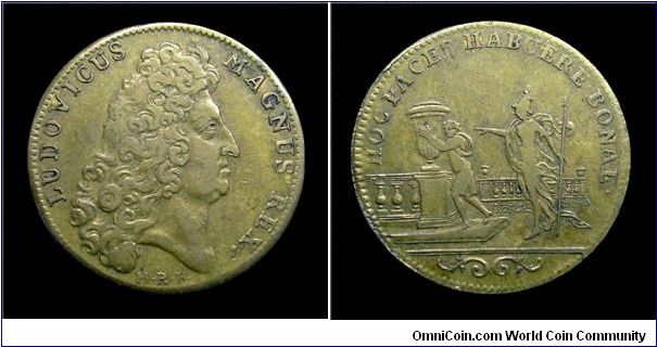 Louis XIV - Hoc Paces Habuere Bonae. - Copper gilt Jetton - mm. 29.
It probably refers to the Peace of Ryswick which ceased the Nine Years War.