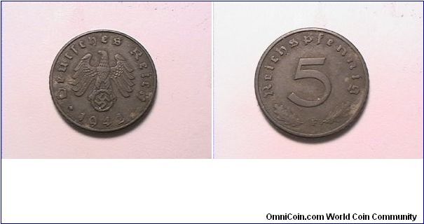 Third Reich
DEUTSCHES REICH
5 REICH PFENNIG 1942-F
zinc