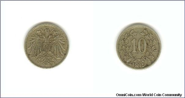 10 Heller
OBV: Hapsburg coat of arms
Rev: Wreathed denomination with date