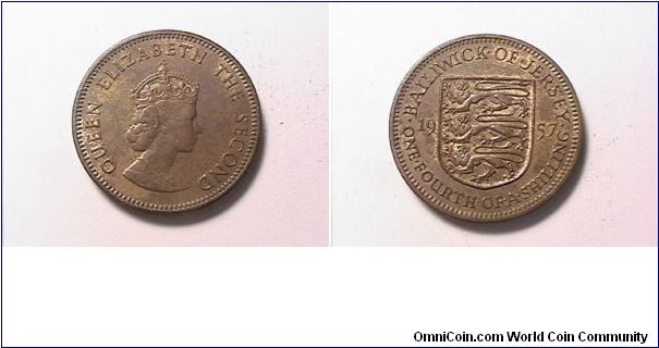 QUEEN ELIZABETH THE SECOND
BALLIWICK OF JERSEY
ONE FOUTH OF A SHILLING
nickel brass