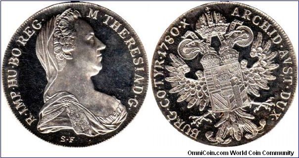 Maria Theresa Thaler - Restrike - Struck intermittently since 1780 at various mints, these thalers have circulated in Africa, the Middle East and were among the first coins in America.