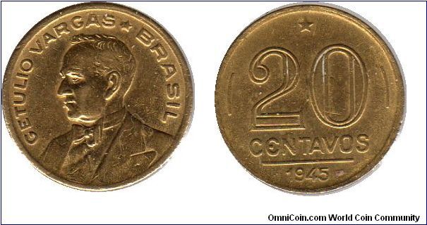 20 centavos - Getulio Vargas - President of Brazil from 1930-1954