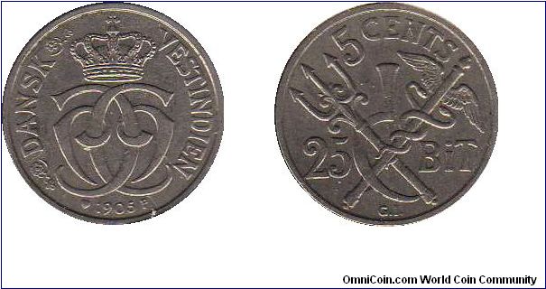 Danish West Indes (Now the US Virgin Islands) - 25 bit/5 cents