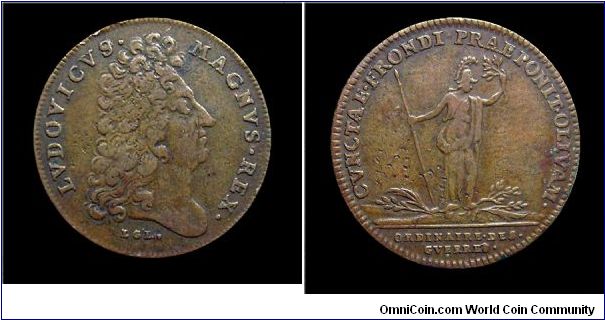 Louis XIV - Cunctae frondi praeponit olivam (Ordinaire des guerres). Undated (1698?) Copper jetton - mm. 25