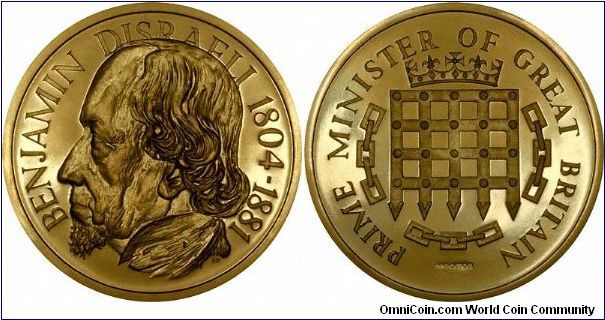 Benjamin Disraeli on obverse of large (45mms, 55 grams) gold medallion, part of a 6 medal set of British Prime Ministers, issued in 1966 by Feuchtwanger of London, and Medallioners, in 22 carat gold.
Love it or loathe it, the engraving has got some real strength of character!
