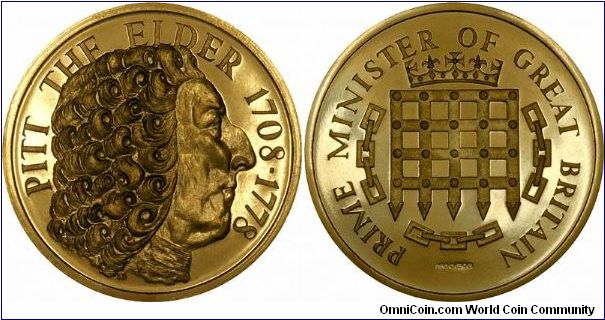 William Pitt the Elder, 1708 - 1778, on gold medal engraved by Stuart Devlin. One of 6 piece set of Great British Prime Ministers.