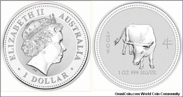Year of the Ox silver bullion coin, preview image, coins due into stock this week (July 2007). This is the 1 ounce version.