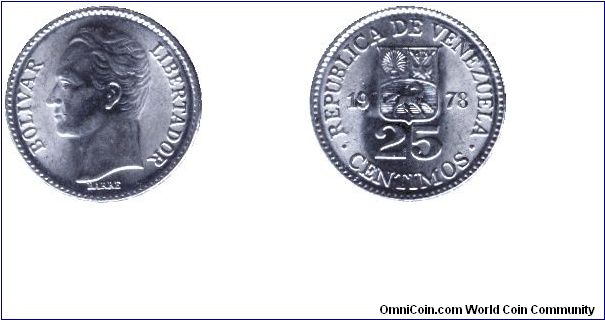 Venezuela, 25 centimos, 1978, Ni-Steel, Bolivar Libertador; Republica de Venezuela.                                                                                                                                                                                                                                                                                                                                                                                                                                 