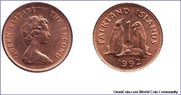 Falkland Islands, 1 cent, 1992, Bronze, Gentoo Penguins, Queen Elizabeth the Second.                                                                                                                                                                                                                                                                                                                                                                                                                                