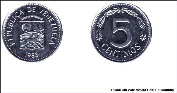 Venezuela, 5 centimos, 1983, Cu-Ni-Steel.                                                                                                                                                                                                                                                                                                                                                                                                                                                                           