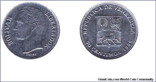 Venezuela, 50 centimos, 1988, Ni-Steel, Bolivar - Libertador.                                                                                                                                                                                                                                                                                                                                                                                                                                                       